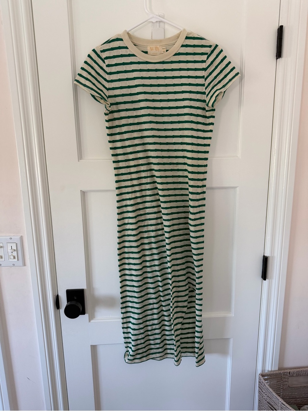 Nation LTD Green and Cream Striped Short-Sleeve Midi Dress